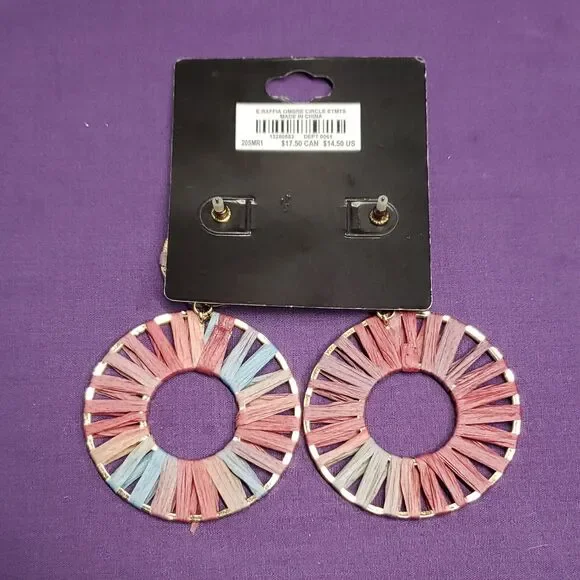 Torrid Dusty Rose Ombre Raffia Circle Statement Earrings Pink Blue - Picture 4 of 7